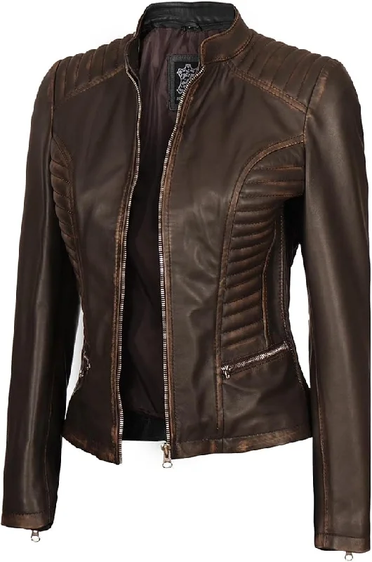 Women's Vintage Quilted Distressed Brown Leather Jacket WD05 Cozy Warm Stylish