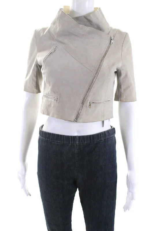 Yigal Azrouel Womens Suede Cropped Short Sleeves Jacket Beige Chenille Fabric Brocade Fabric Lace Fabric