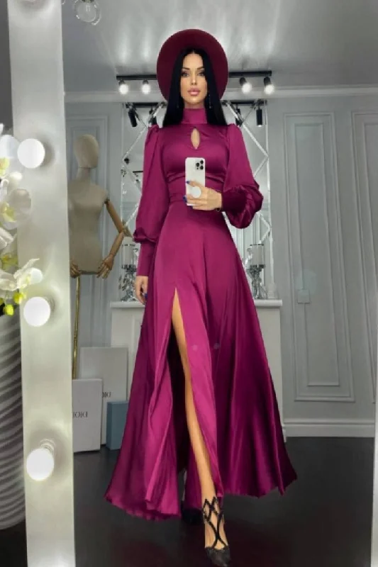 Bordeaux Puff-Sleeve Turtleneck Maxi Dress Stylish One-Shoulder Maxi Dress