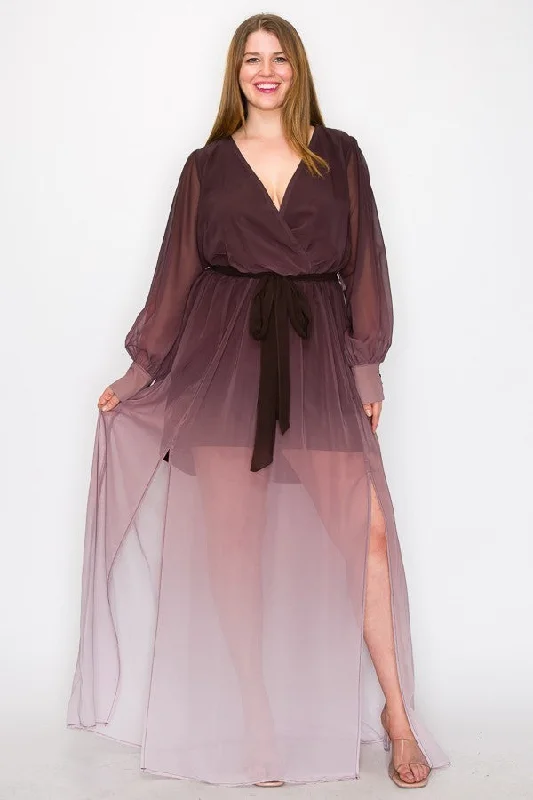 Brown Ombre Long Sleeve Tie Waist Slit Front Maxi Dress Elegant Boho Maxi Dress