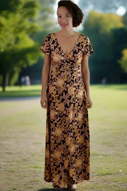 Carolina Floral Belted Wrap Maxi Dress - Mustard Black Fashionable Off-Shoulder Maxi Dress