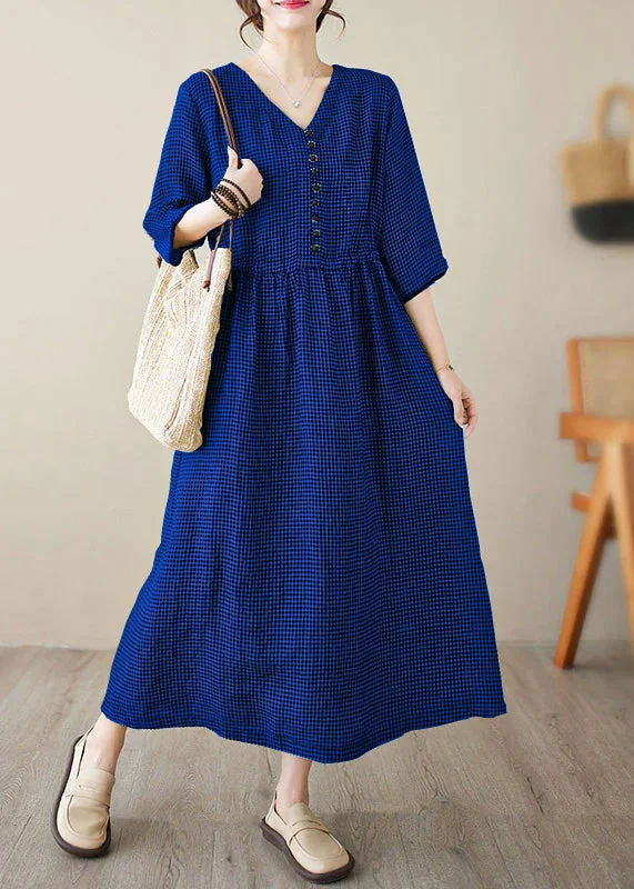 Chic dark blue V Neck Plaid Patchwork Button Linen Maxi Dresses Summer Cozy Knit Maxi Dress