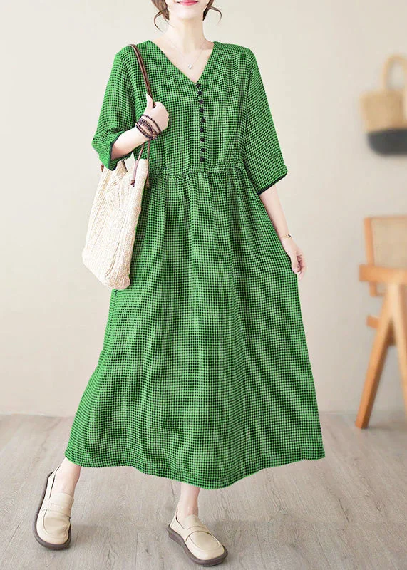 Chic Green V Neck Plaid Patchwork Button Linen Maxi Dresses Summer Comfortable Cotton Maxi Dress