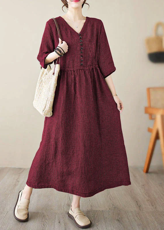 Chic wine red V Neck Plaid Patchwork Button Linen Maxi Dresses Summer Comfortable Bohemian Maxi Dress