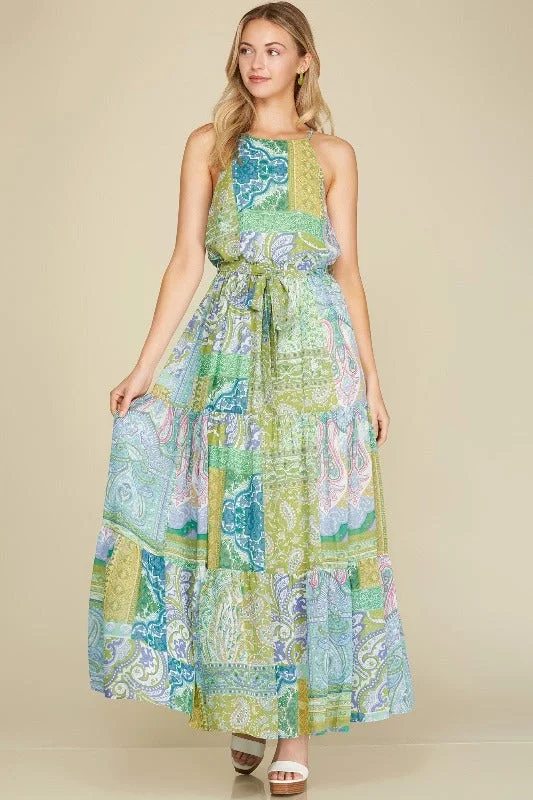 Chiffon Patchwork Tiered Maxi Dress - Lime/Blue Trendy Floral Print Maxi Dress