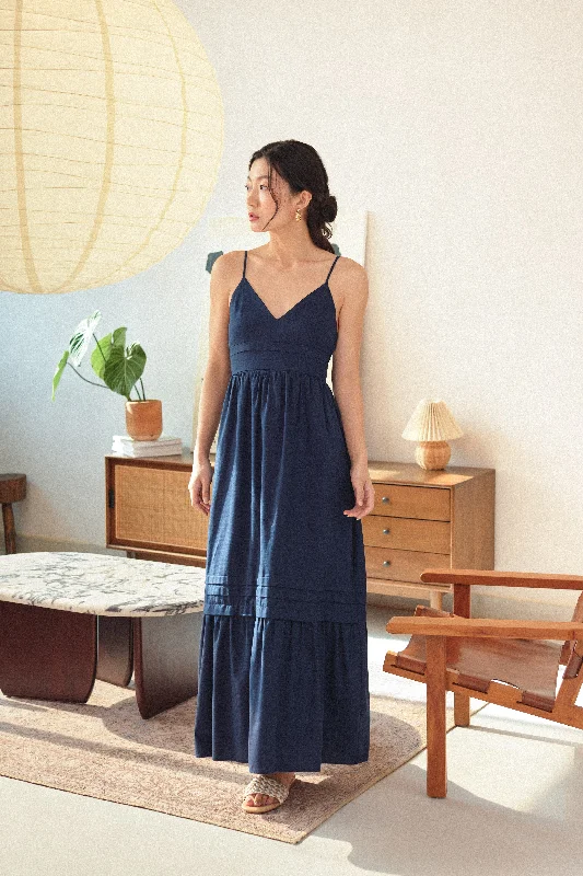 Cindy Tie-Back Maxi Dress in Navy Blue Trendy Maxi Dress with Belt