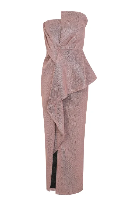 Cosmia Blush Glitter Sparkle Bandeau Pleated Detail Pencil Maxi Dress Stylish Boho Chic Maxi Dress