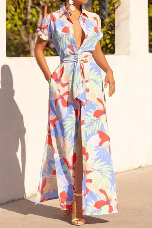 Floral Print Pretty Belted Side Split Maxi Dress Comfortable Maxi Dress with Slits