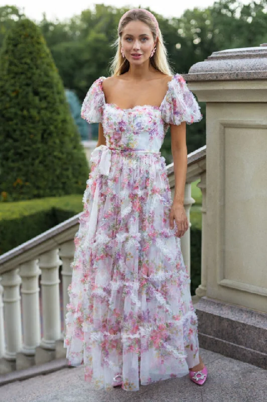 Floral Tulle Puff Sleeve Bow Tie Maxi Dress Trendy Fit-and-Flare Maxi Dress