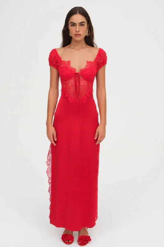 For Love & Lemons Casey Maxi Dress - Red Trendy Maxi Dress with Lace