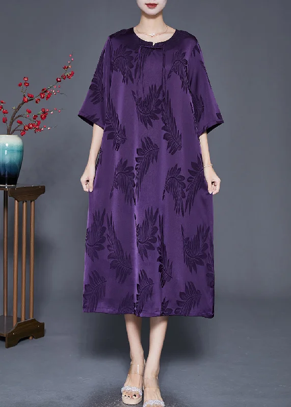 French Purple Tasseled Print Silk Maxi Dresses Summer Trendy Printed Maxi Dress