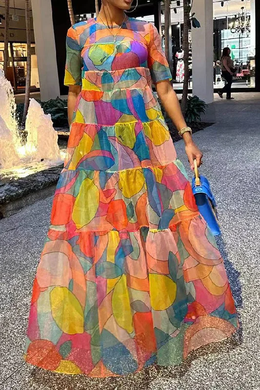 Graphic Print Colorful Tiered Ruffle Maxi Dress Comfortable Maxi Dress with Slits