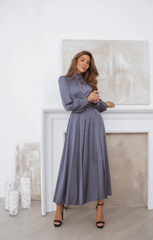 Graphite Silk Long Sleeve Maxi Dress Trendy Floral Print Maxi Dress