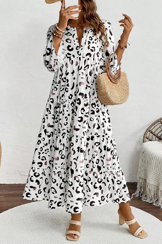 KaleaBoutique Leopard Print Notch V Neck Loose Fit Maxi Dress Fashionable Off-Shoulder Maxi Dress