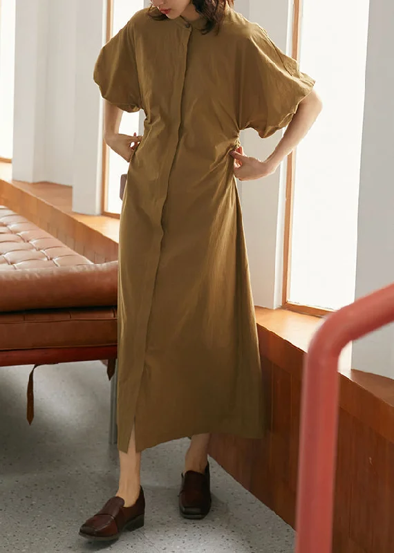 Light Green Wrinkled Button Cotton Holiday Maxi Dress Half Sleeve Stylish Maxi Dress with Frills