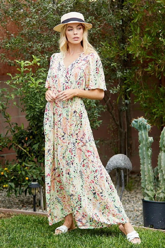 Maxi Dress Flounce Sleeves - Cream Multi Elegant Sleeveless Maxi Dress