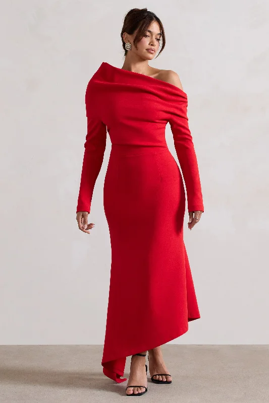 Lou | Red One-Shoulder Asymmetric Maxi Dress Stylish A-Line Maxi Dress