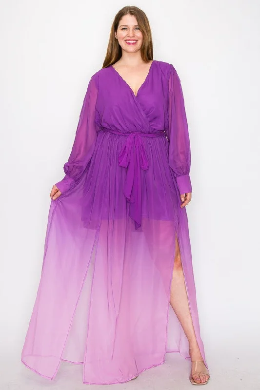 Magenta Ombre Long Sleeve Tie Waist Slit Front Maxi Dress Fashionable Halter Neck Maxi Dress