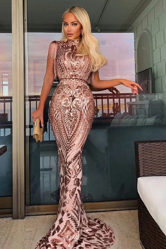 Magic Vip Rose Gold Luxe Tassel Fringe Sequin Embellished Illusion Maxi Dress Comfortable Fit-and-Flare Maxi Dress