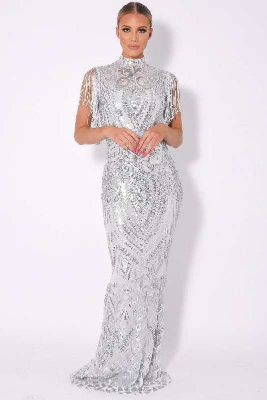 Magic Vip Silver Luxe Tassel Fringe Sequin Embellished Illusion Maxi Dress Stylish One-Shoulder Maxi Dress