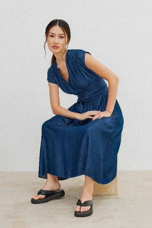 Margo Belted Denim Maxi Dress Cozy Maxi Dress with Slit