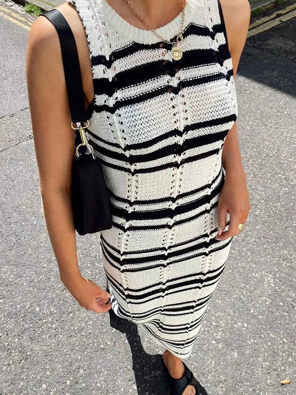 Sleeveless Striped Knit Maxi Dress Elegant Maxi Dress with Ruffles