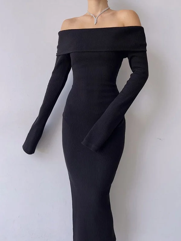 Off Shoulder Black Long Sleeve Knitted Maxi Dress Comfortable Fitted Maxi Dress