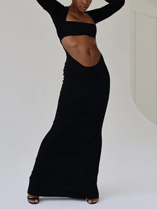 Long Sleeve Cutout Black Maxi Dress Trendy Maxi Dress with Bow