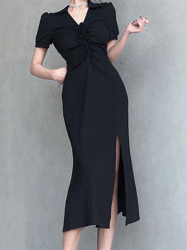 Lace Up Slit Knitted Black Maxi Dress Elegant Boho Maxi Dress