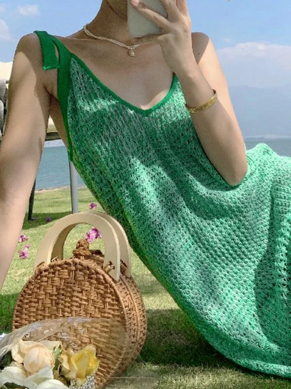 Lace Up Green Crochet Knit Maxi Dress Trendy A-Line Maxi Dress