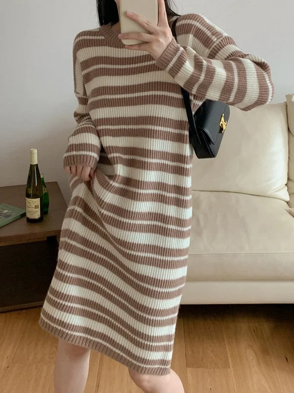 Knitted Stripe Long Sleeve Maxi Dress Cozy Spaghetti Strap Maxi Dress