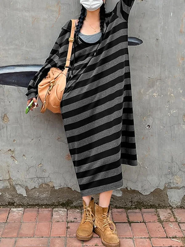 Hooded Stripe Long Sleeve Maxi Dress Trendy Short Sleeve Maxi Dress