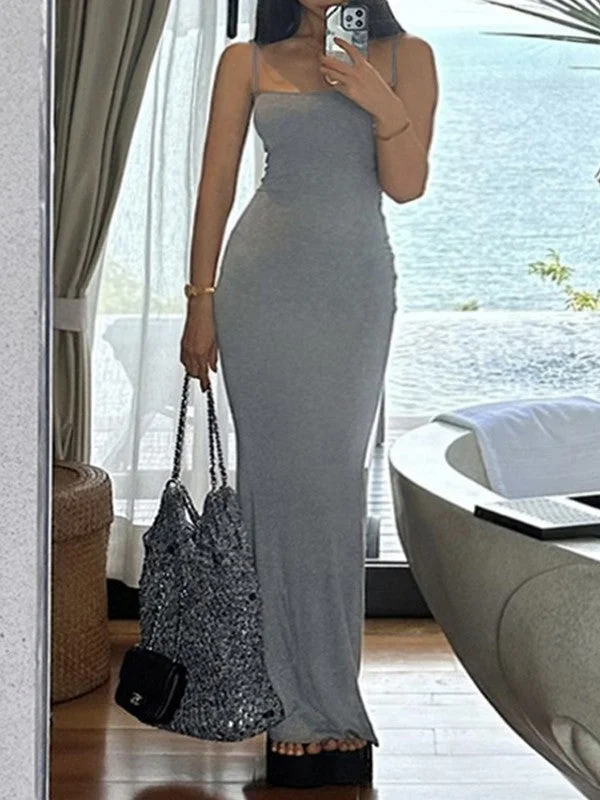 Gray Ribbed Bodycon Maxi Dress Classic Solid Maxi Dress