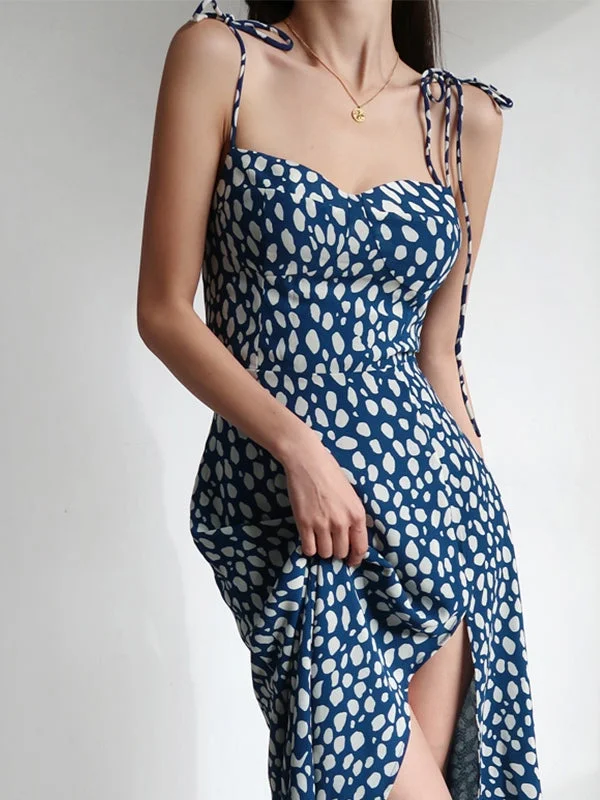 Dalmatian Print Tie Strap Split Maxi Dress Stylish V-Neck Maxi Dress