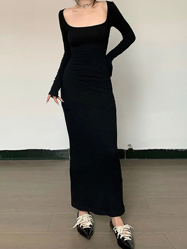 Black Long Sleeve Bodycon Maxi Dress Stylish Maxi Dress with Pleats