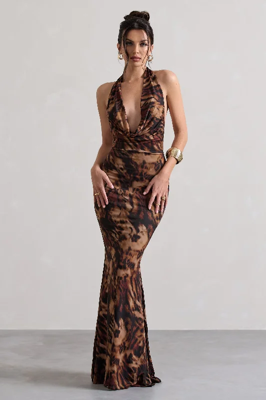 Milani | Animal Print Backless Cowl Neck Fishtail Maxi Dress Trendy Satin Maxi Dress