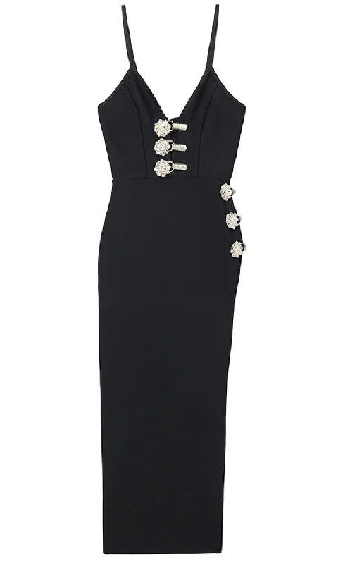 Model Behavior <br><span>Black Sleeveless Spaghetti Strap V Neck Rhinestone Crystal Cut Out Side Slit Bodycon Bandage Maxi Dress</span> Comfortable Maxi Dress with Slits