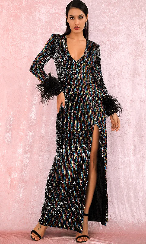 Moon Glow Black Multicolor Sequin Feather Trim Long Sleeve V Neck Side Slit Maxi Dress Classic V-Neck Maxi Dress