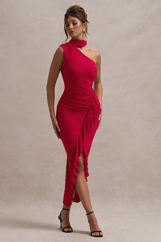 Nevaeh | Red Asymmetric High-Neck Ruffle Split Maxi Dress Stylish Maxi Dress with Frills