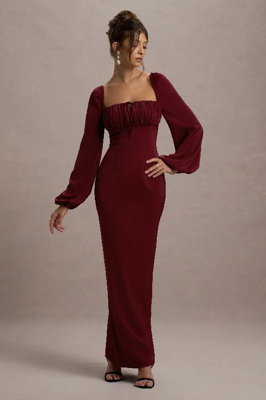 Nika | Berry Satin Square-Neck Balloon-Sleeve Maxi Dress Stylish Long Sleeve Maxi Dress