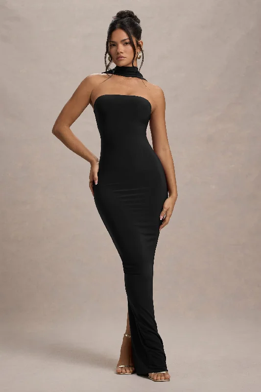 Nobu | Black Bandeau Maxi Dress With Halter-Collar Cozy Ruffle Sleeve Maxi Dress