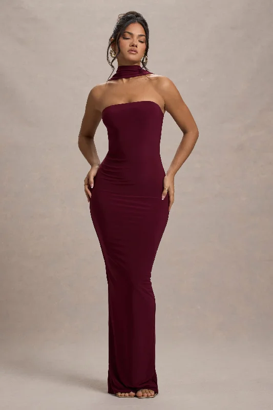 Nobu | Burgundy Bandeau Maxi Dress With Halter-Collar Chic Off-Shoulder Maxi Dress