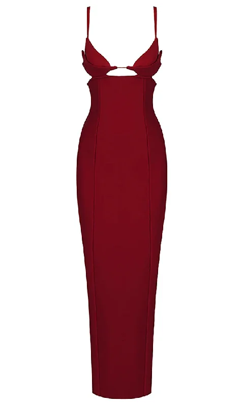 On The Rise<br><span> Red Sleeveless Spaghetti Strap V Neck Cut Out High Waist Side Slit Backless Bandage Bodycon Maxi Dress</span> Comfortable Fitted Maxi Dress