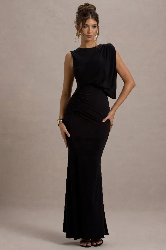 Paphos | Black Draped Sleeveless Maxi Dress Trendy Off-Shoulder Ruffle Maxi Dress