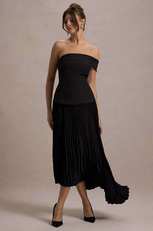 Pauline | Black Bardot Tailored Maxi Dress With Plisse Skirt Cozy Maxi Dress with Slit