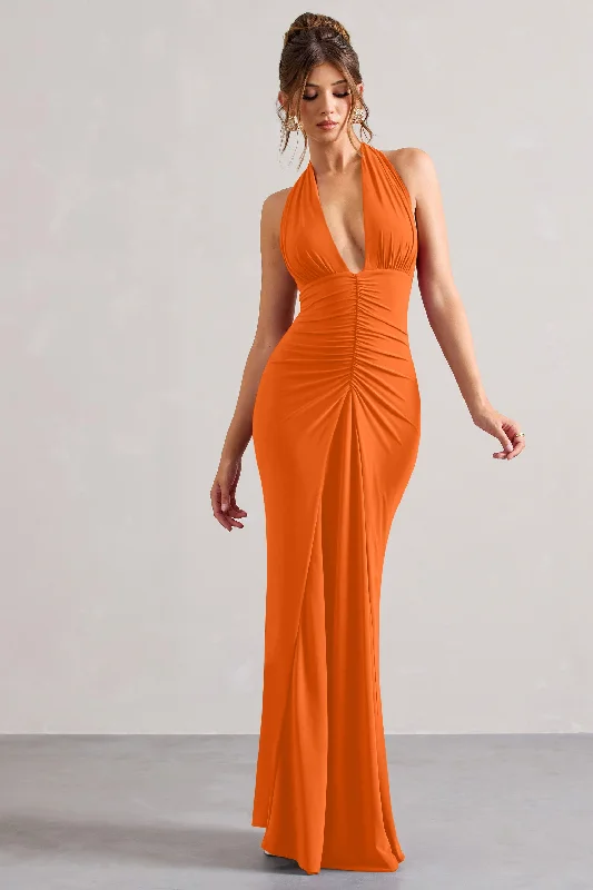 Payton | Orange Ruched Halter-Neck Maxi Dress Comfortable Pleated Maxi Dress