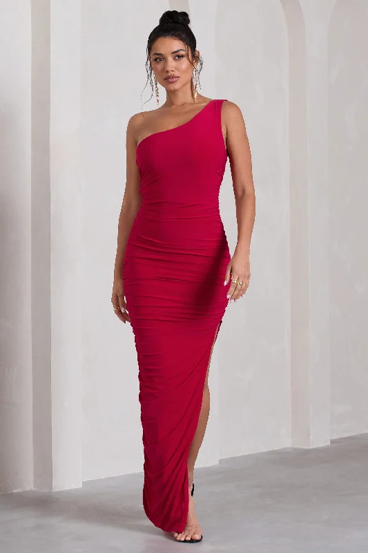 Persia | Red One Shoulder Side Split Ruched Maxi Dress Comfortable Satin Maxi Dress