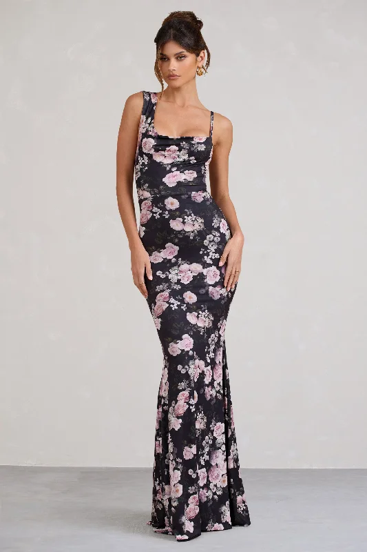 Phantasy | Black & Pink Floral Print Asymmetric Neckline Cowl Maxi Dress Comfortable Bohemian Maxi Dress