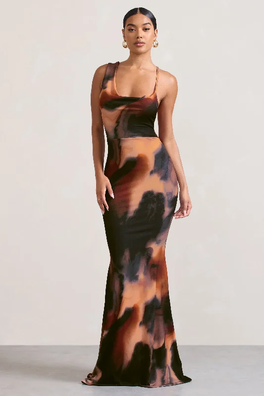 Phantasy |  Orange Smoke Print Asymmetric Neckline Cowl Maxi Dress Fashionable Chiffon Tiered Maxi Dress