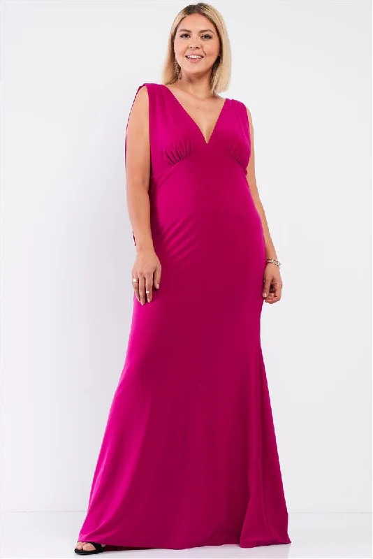 Plus Size Draped Back V-neck Sleeveless Berry Maxi Dress Elegant Silk Maxi Dress